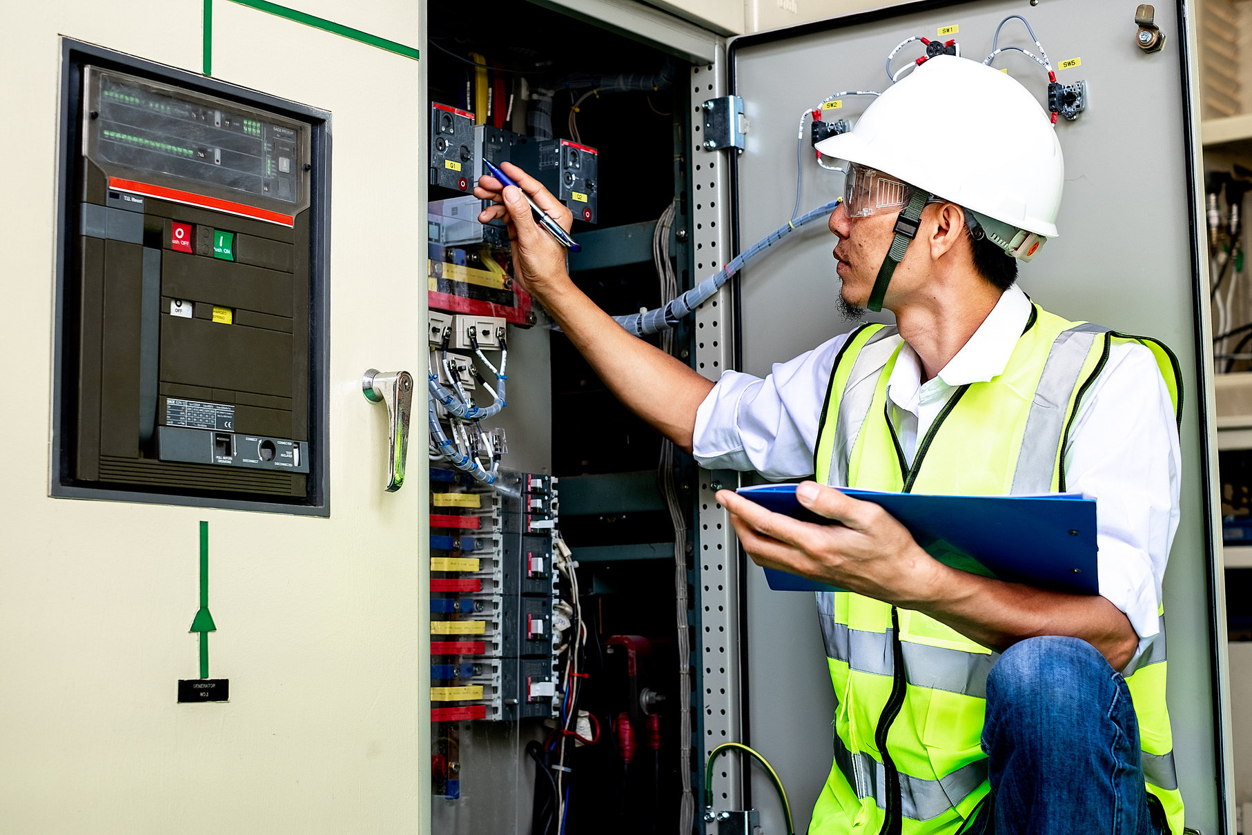 Electrical Engineer Inspecting Switchgear Cabinet
